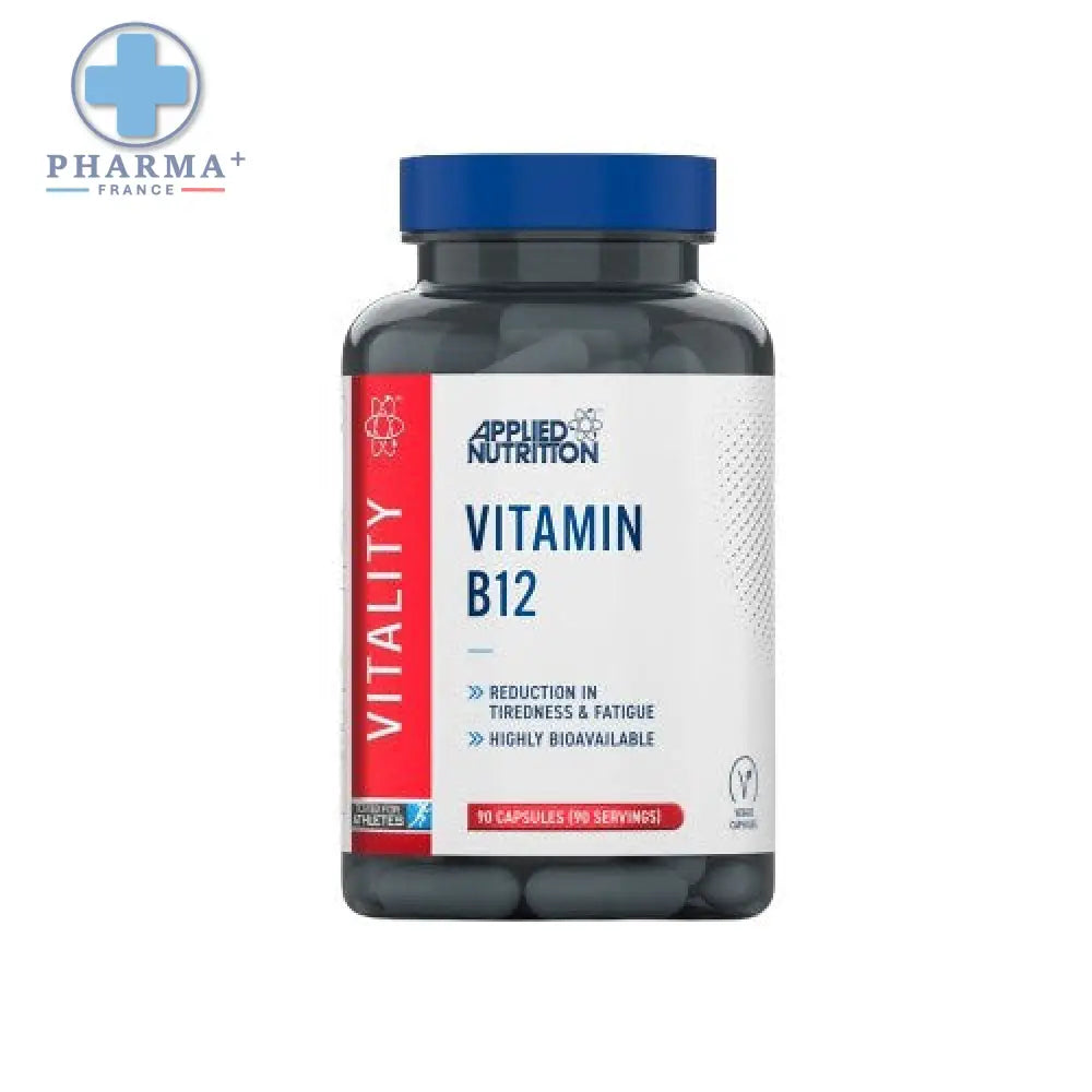 Bouteille de complément vitamine b12 applied nutrition avec corps gris foncé translucide, bouchon bleu et étiquette blanche rouge