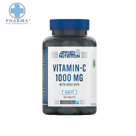Bouteille de compléments alimentaires applied nutrition vitamine c 1000 mg avec rose hips corps translucide foncé et bouchon bleu