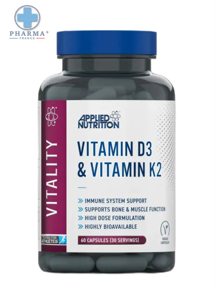 Bouteille de complément alimentaire applied nutrition vitamine d3 et k2 60 gélules corps gris foncé bouchon bleu label blanc violet