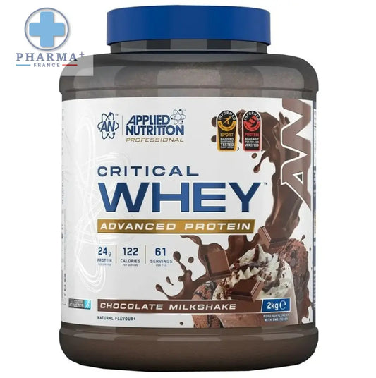 Applied nutrition whey critical en chocolat milkshake 2 kg avec couvercle bleu et étiquette graphique chocolatée