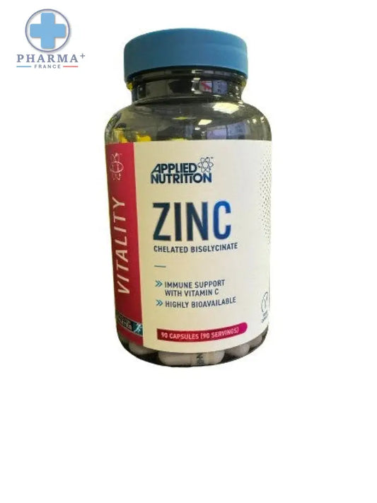 Bouteille de complément alimentaire applied nutrition zinc vitalité 90 gélules avec bouchon bleu et étiquette blanche rouge