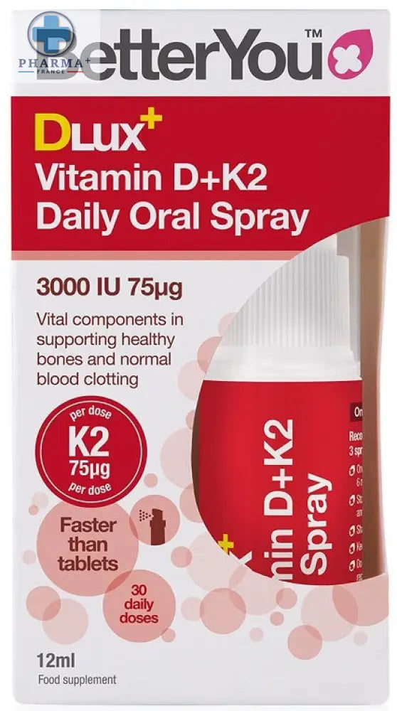 Bottle of red and white betteryou complÉment d+k2 daily oral spray 12 ml for daily oral vitamin support
