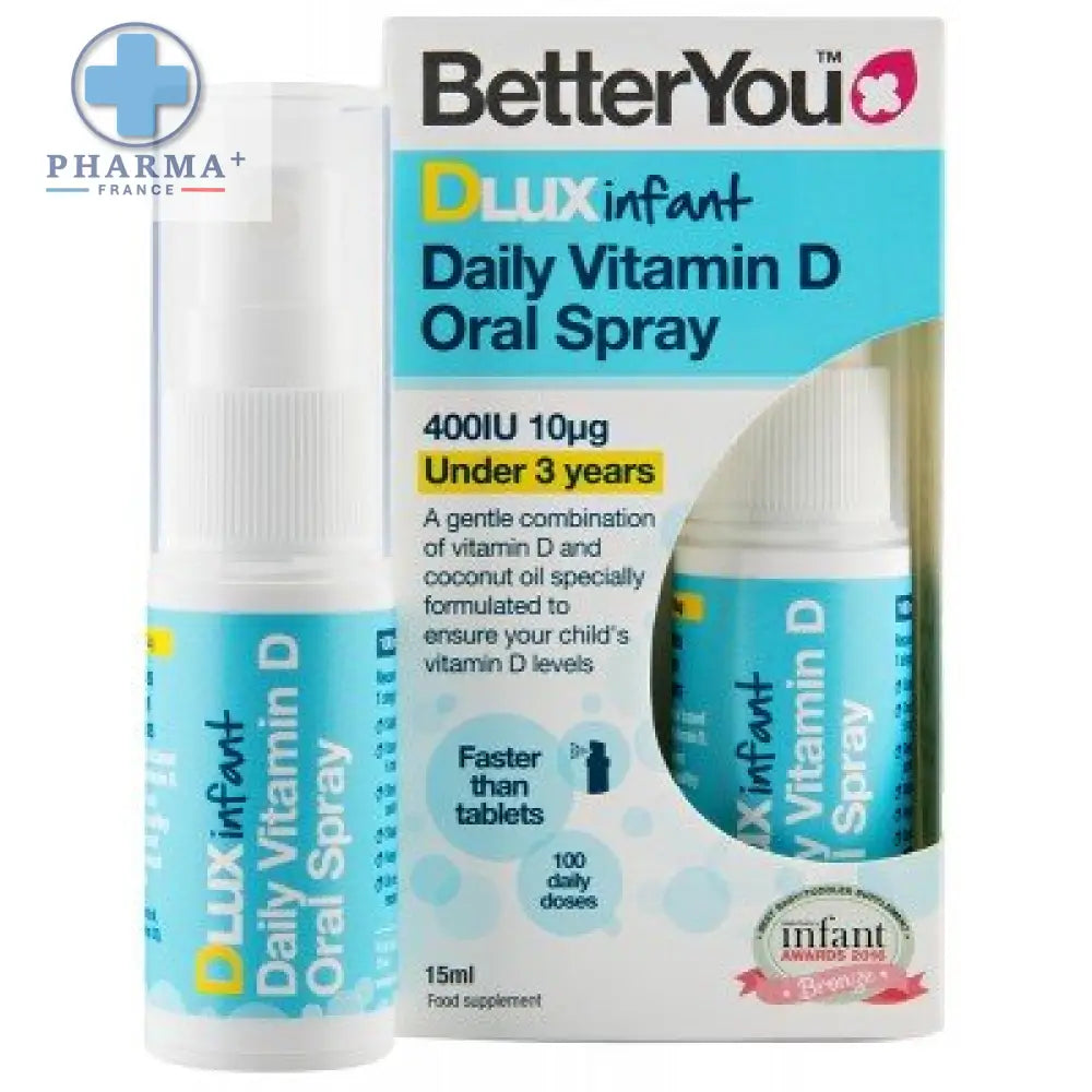 Bottle of betteryou dlux infant vitamine d oral spray 15 ml with blue label and white cap for children under 3 years