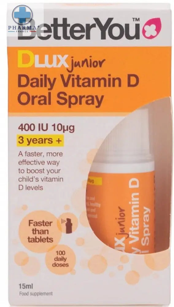 Betteryou dlux junior spray vitamine d 15 ml en flacon orange avec capuchon blanc dans une boîte orange et blanche claire