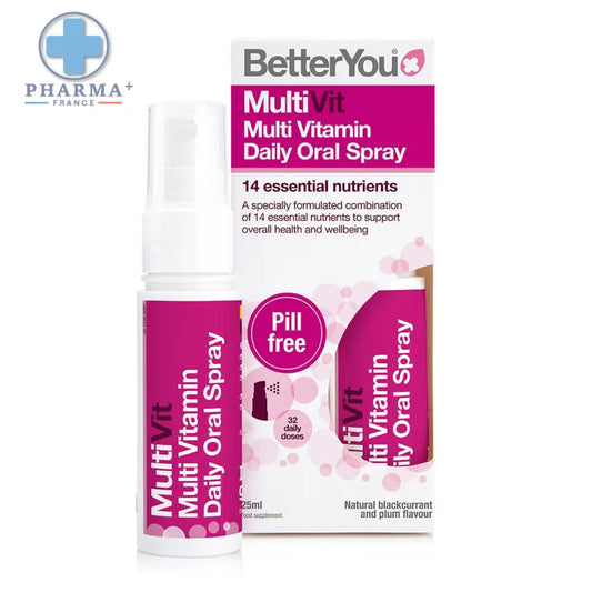Bouteille blanche betteryou multivit spray buccal 25 ml avec étiquette magenta saveur blackcurrant and plum et boîte associée