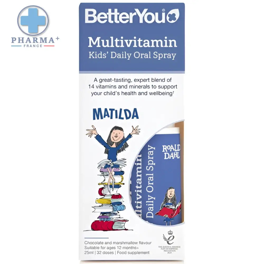 Spray oral quotidien multivitaminé betteryou multivitamin kids matilda 25 ml avec emballage bleu blanc et illustration roald dahl