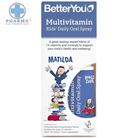 Spray oral quotidien multivitaminé betteryou multivitamin kids matilda 25 ml avec emballage bleu blanc et illustration roald dahl