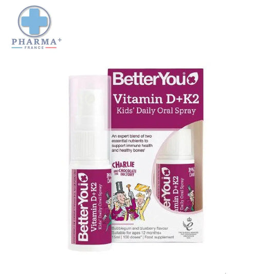 Flacon spray oral blanc et violet betteryou vitamine d+k2 kid’s daily avec emballage et personnages cartoons