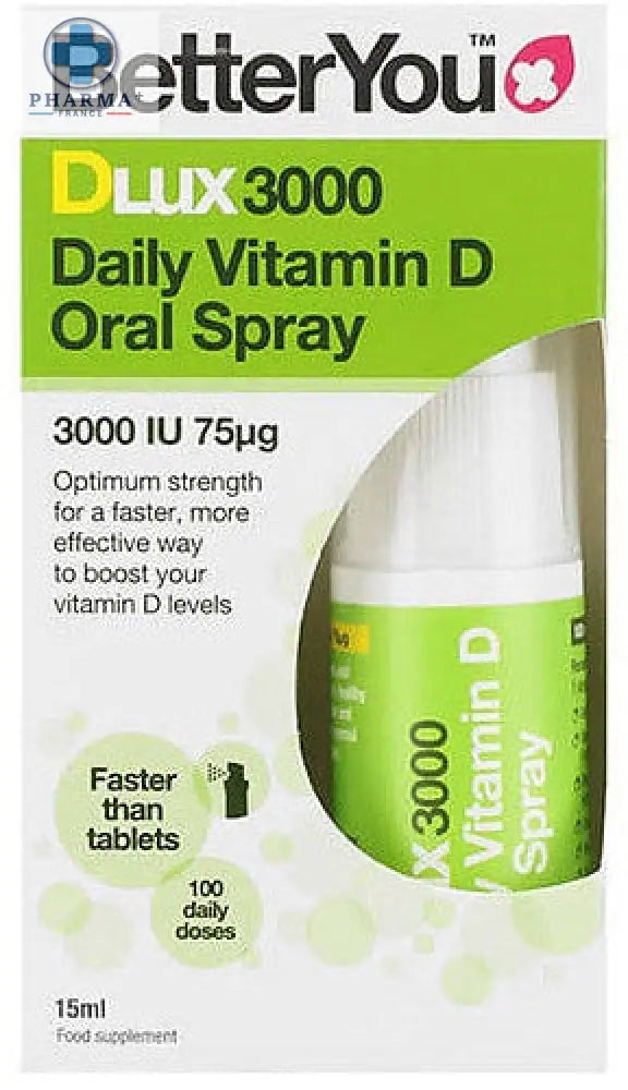 Betteryou d3000 vitamine d oral spray vert et blanc en flacon de 15 ml pour supplémentation quotidienne