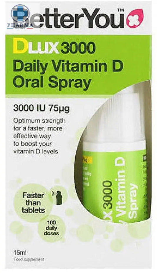 Betteryou d3000 vitamine d oral spray vert et blanc en flacon de 15 ml pour supplémentation quotidienne