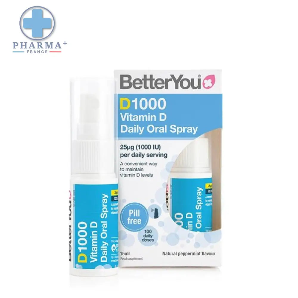 Betteryou d1000 daily spray oral menthe 15 ml en flacon transparent avec emballage blanc et bleu naturel peppermint