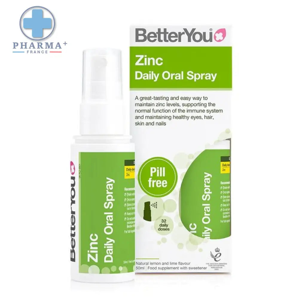 Betteryou zinc daily oral spray citron vert 25 ml en flacon blanc avec étiquette verte et embout spray transparent