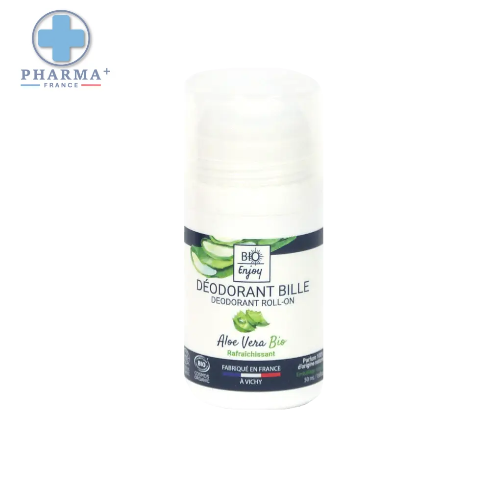 White cylindrical roll-on deodorant bio enjoy aloe vera bio with dark blue organic label made in france 50 ml