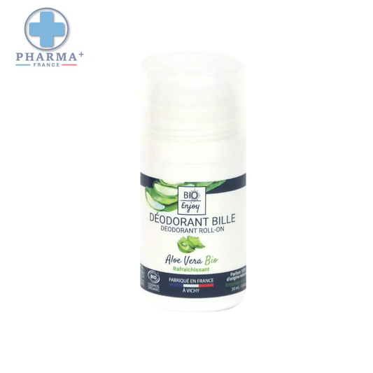 White cylindrical roll-on deodorant bio enjoy aloe vera bio with dark blue organic label made in france 50 ml