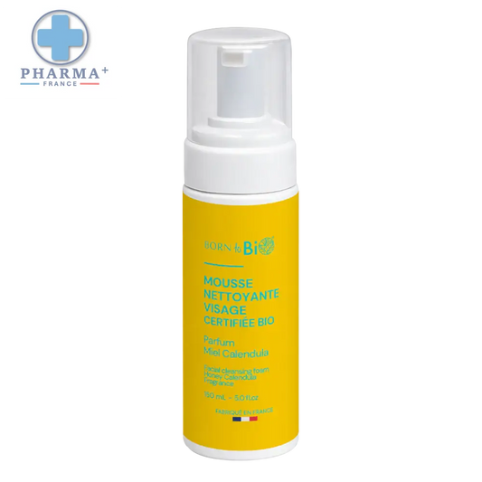 Bouteille jaune vif de mousse nettoyante bio certifiée born to bioc avec distributeur blanc miel calendula 150 ml