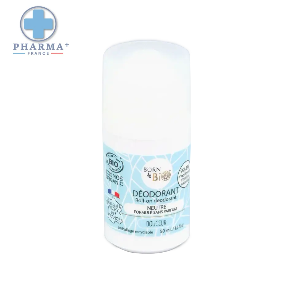 Bouteille de déodorant roll-on blanc born to bio certifié bio avec étiquette bleue et logos de certification organique 50 ml