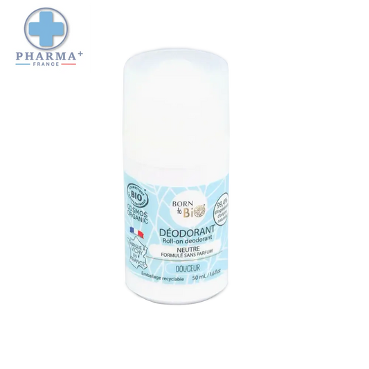 Bouteille de déodorant roll-on blanc born to bio certifié bio avec étiquette bleue et logos de certification organique 50 ml