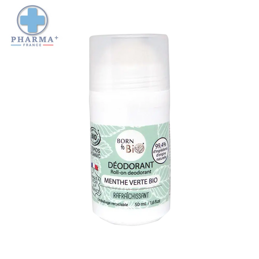 Déodorant roll-on blanc born to bio menthe verte bio 50 ml avec étiquette vert menthe pour usage quotidien