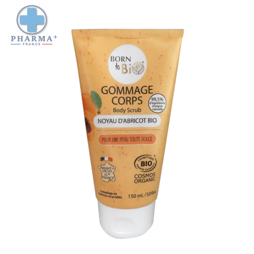 Tube orange de gommage corps abricot bio born to bio avec bouchon blanc et emblème drapeau français 200 ml