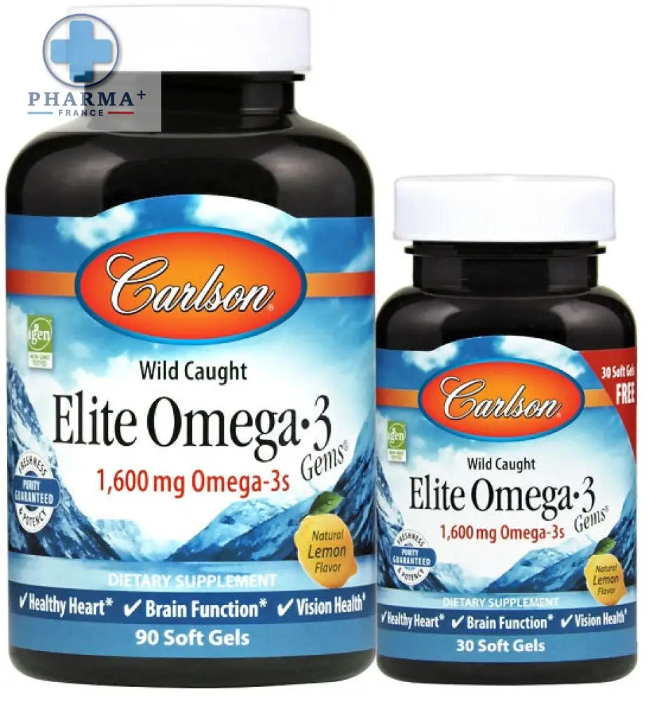 Bouteille noire en plastique de carlson labs elite oméga 3 citron naturel 1600 mg avec étiquette bleue et montagne