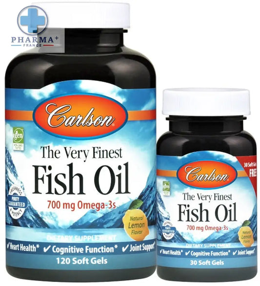 Bouteille plastique noire de carlson labs the very finest fish oil avec bouchon blanc et étiquette bleue montagne
