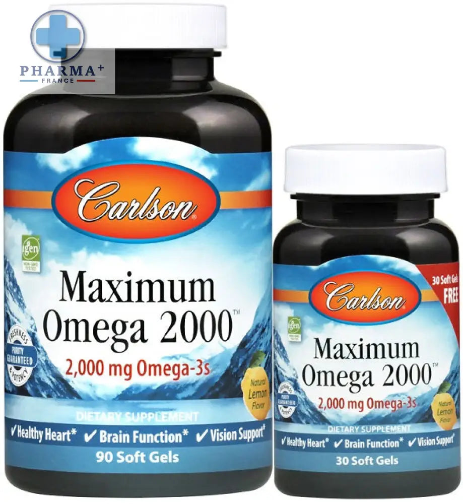 Deux bouteilles noires de carlson labs maximum omega 2000 complément alimentaire avec étiquettes montagne bleue