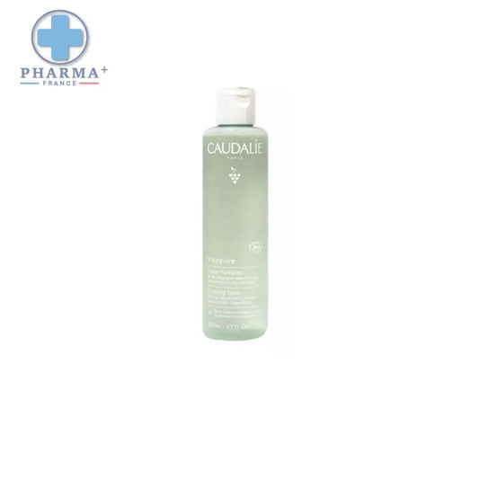 Tonique facial Caudalie Vinopure en liquide vert dans une bouteille plastique avec capuchon blanc