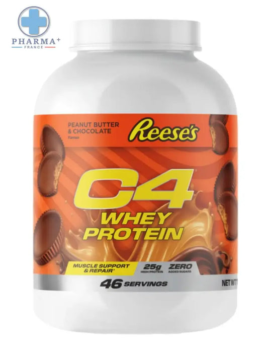 Cellucor c4 whey protéine chocolat reese’s peanut butter 900 g en pot blanc avec étiquette orange affichant des images de cups peanut butter