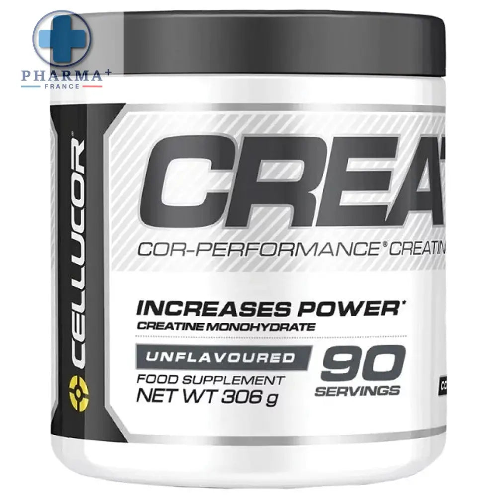 Pot blanc cylindrique avec couvercle noir et étiquette argentée affichant la créatine cellucor cor-performance complément 306 g