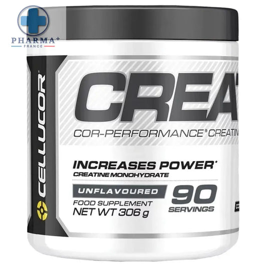 Pot blanc cylindrique avec couvercle noir et étiquette argentée affichant la créatine cellucor cor-performance complément 306 g