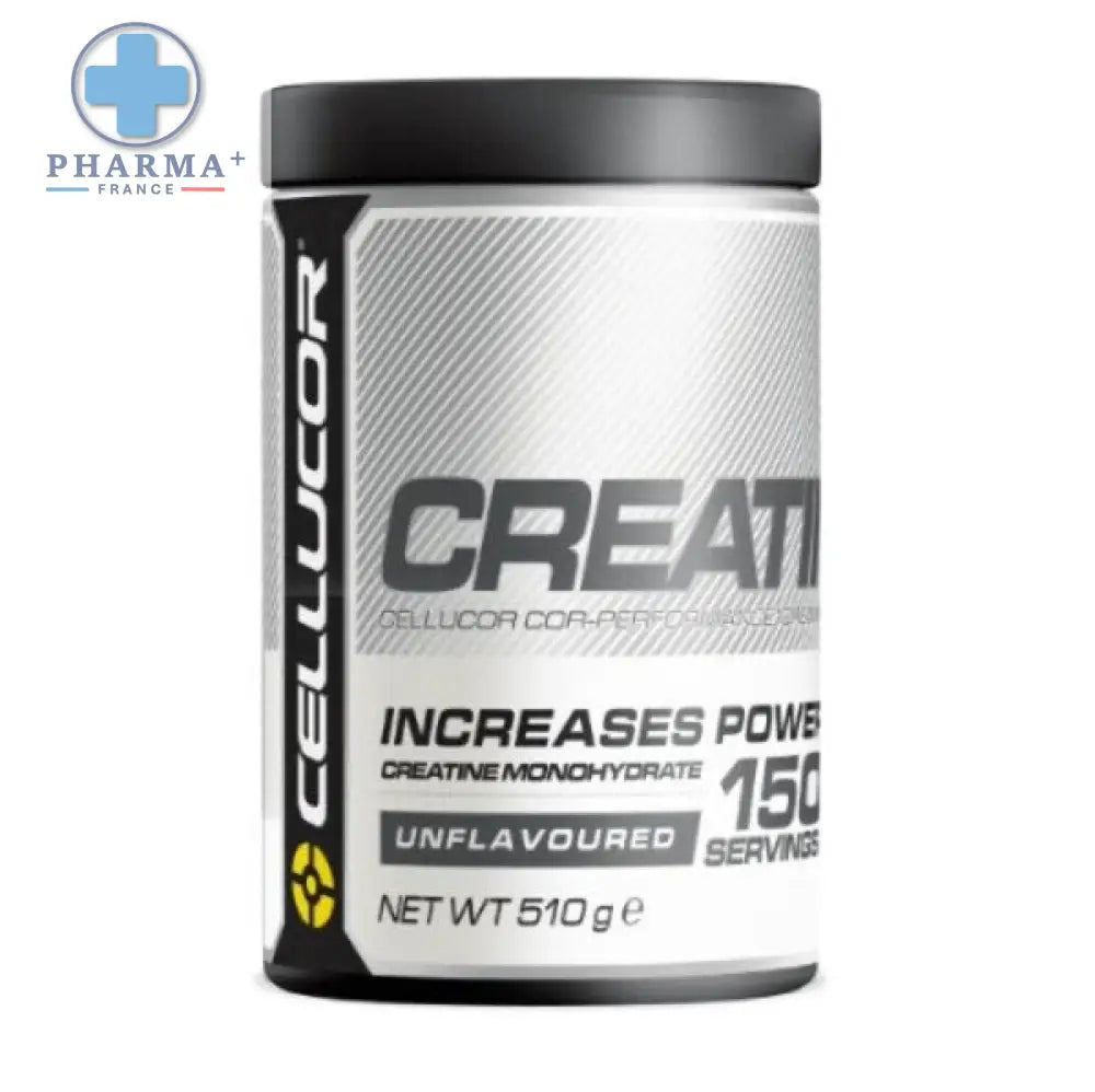 Boîte en poudre de créatine monohydrate Cellucor à base de couleur argent et noire, finition mate, étiquetée « sans arôme » et contenant 150 portions.