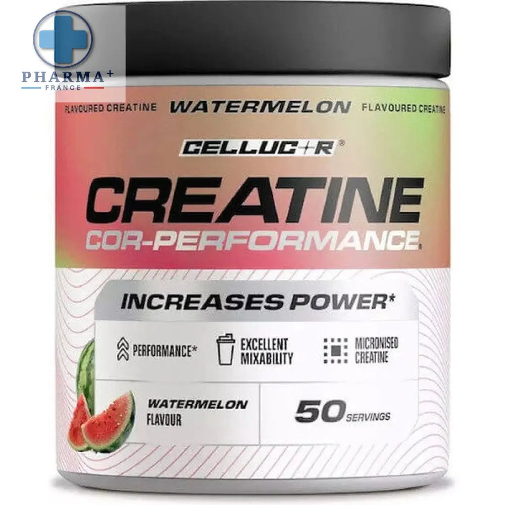 Cellucor cor-performance créatine pastèque en poudre dans un pot blanc avec étiquette dégradé rose à vert et couvercle noir
