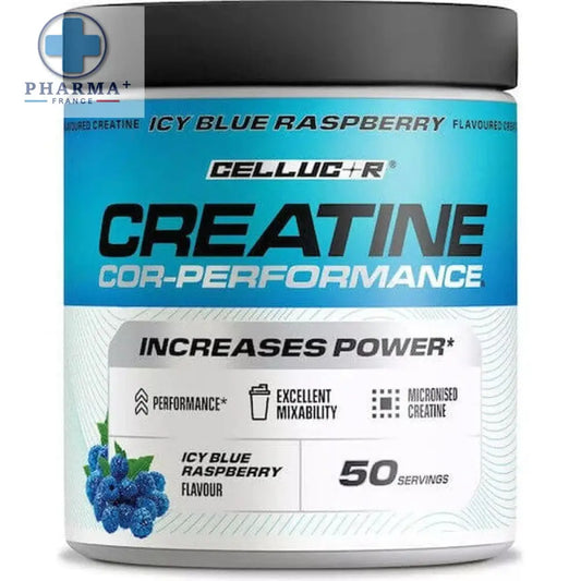 Cellucor créatine cor performance en saveur icy blue raspberry avec contenant blanc et bleu et couvercle noir