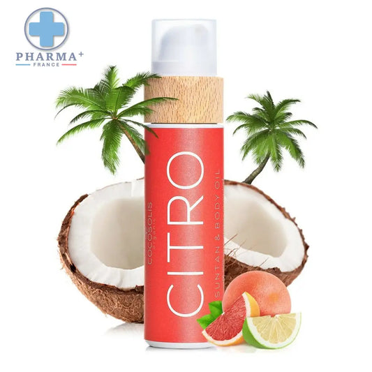 Bouteille de huile solaire bronzante hydratante Cocosolis Citro avec pompe et bouchon en bois