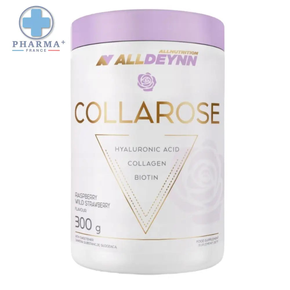 Boîte Collarose d’Allnutrition collagène hydrolysé 300g à couvercle violet