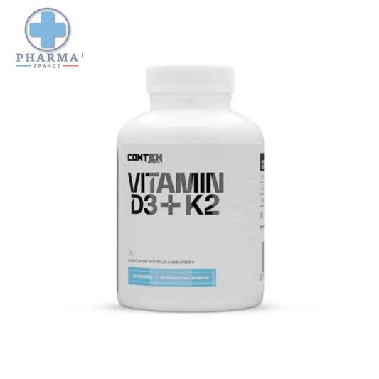 Flacon blanc en plastique de conteh sports vitamine d3 k2 avec étiquette noire et bleu clair 60 gélules