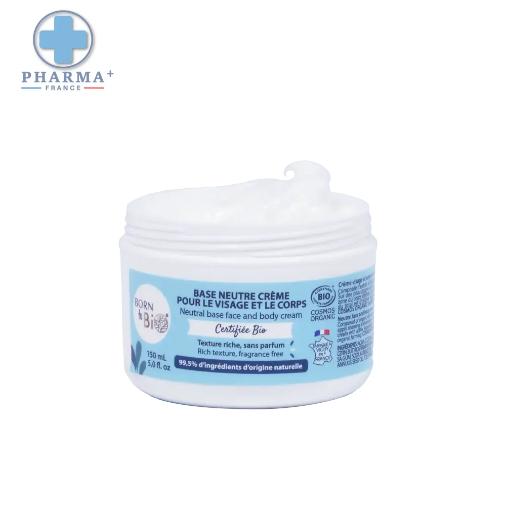 Pot en plastique blanc de crème neutre born & bièr certifiée biologique pour soin quotidien visage et corps, formulation sans parfum