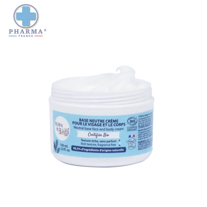 Pot en plastique blanc de crème neutre born & bièr certifiée biologique pour soin quotidien visage et corps, formulation sans parfum