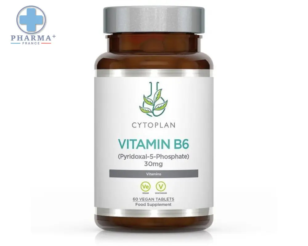 Bouteille en verre brun avec capsule argentée et étiquette cytoplan vitamin b6 complément alimentaire vitaminé conçu