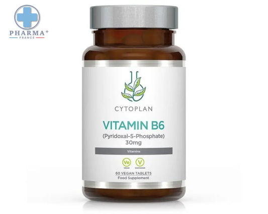 Bouteille en verre brun avec capsule argentée et étiquette cytoplan vitamin b6 complément alimentaire vitaminé conçu