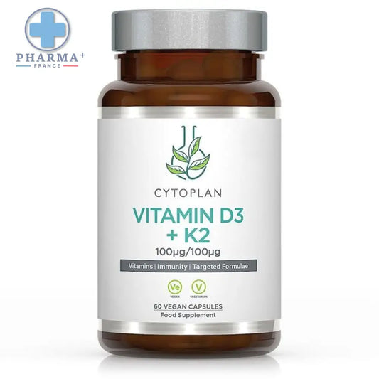 Bouteille en verre brun avec capsule argentée et étiquette blanche cytoplan complément alimentaire vitaminé conçu vitamine d3 k2 60 gélules