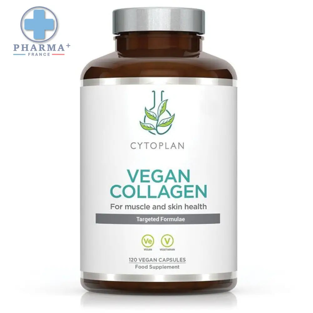 Flacon en verre brun avec capsule argentée et étiquette cytoplan vegan collagène 120 capsules pour peau et muscles