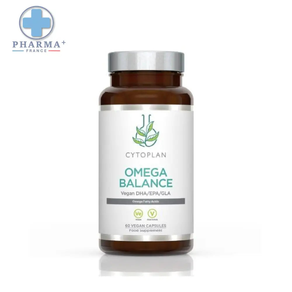 Flacon en verre brun avec capsule argentée et étiquette blanche du complément cytoplan omega balance 60 unités