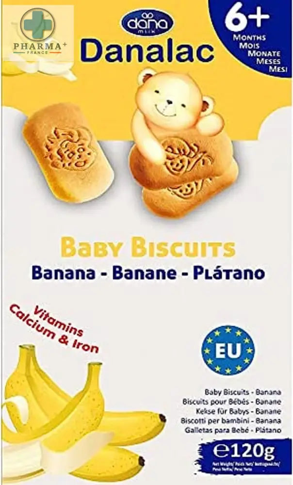 Biscuits danalac bébé à la banane en forme dours et rectangulaire en boîte jaune avec lait infantile et hydrogène carbonate