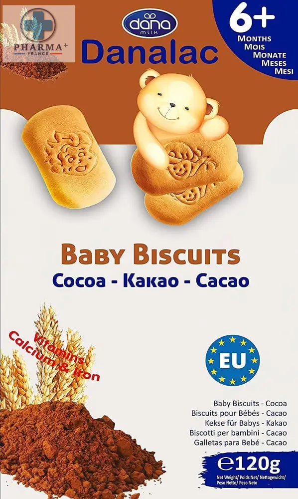 Biscuits danalac bébé cacao texture croustillante avec carbonate acide en forme dours souriant et rectangle en emballage multilingue