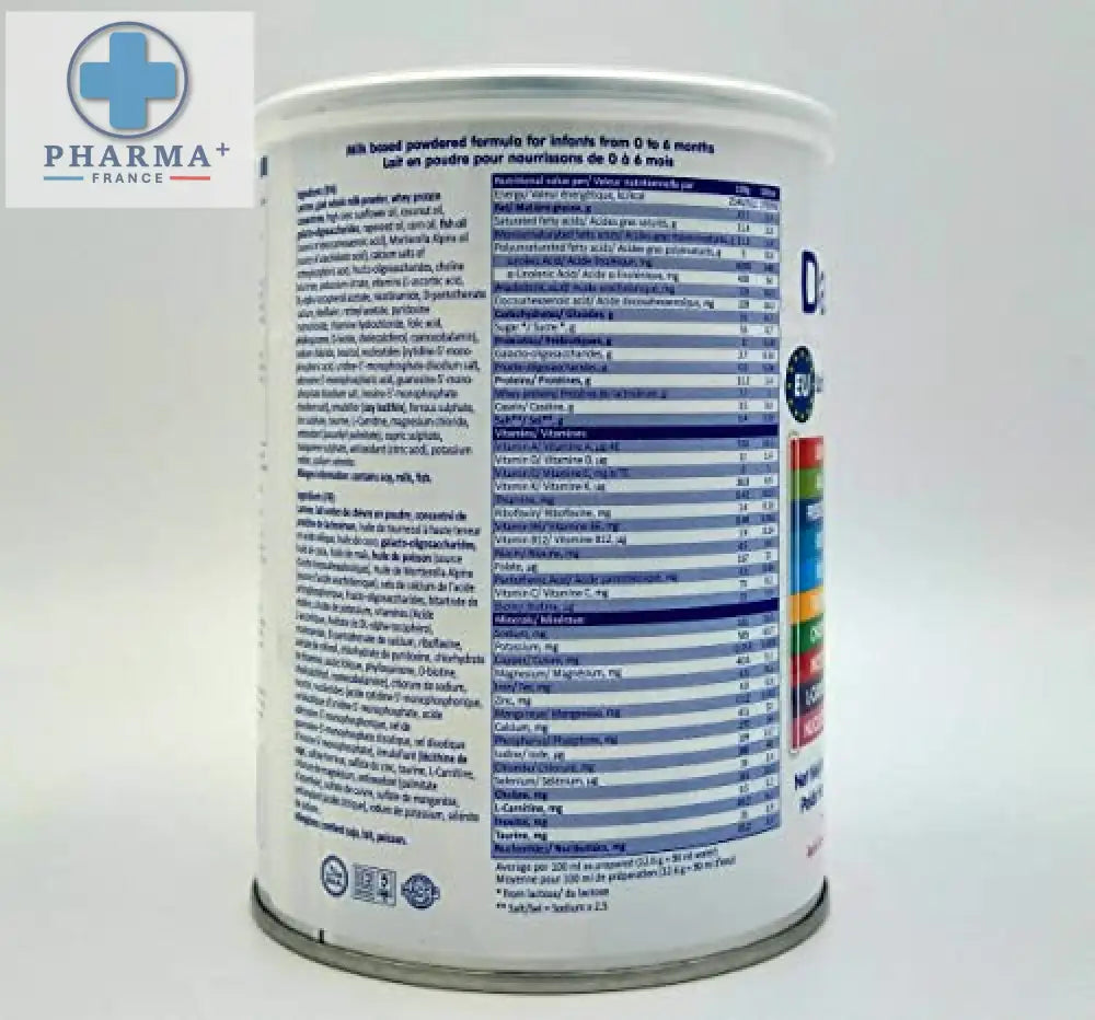 Canette blanche cylindrique de lait infantile Danalac goat milk gos fos avec étiquettes nutritionnelles bleues et vertes