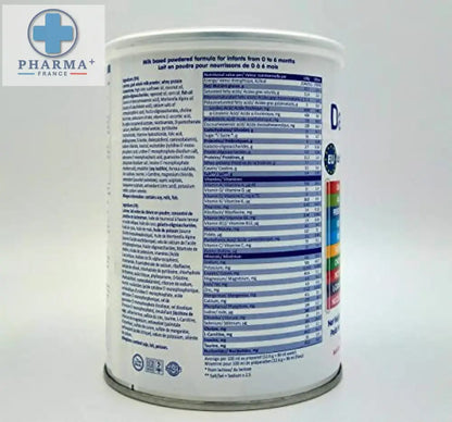 Canette blanche cylindrique de lait infantile Danalac goat milk gos fos avec étiquettes nutritionnelles bleues et vertes