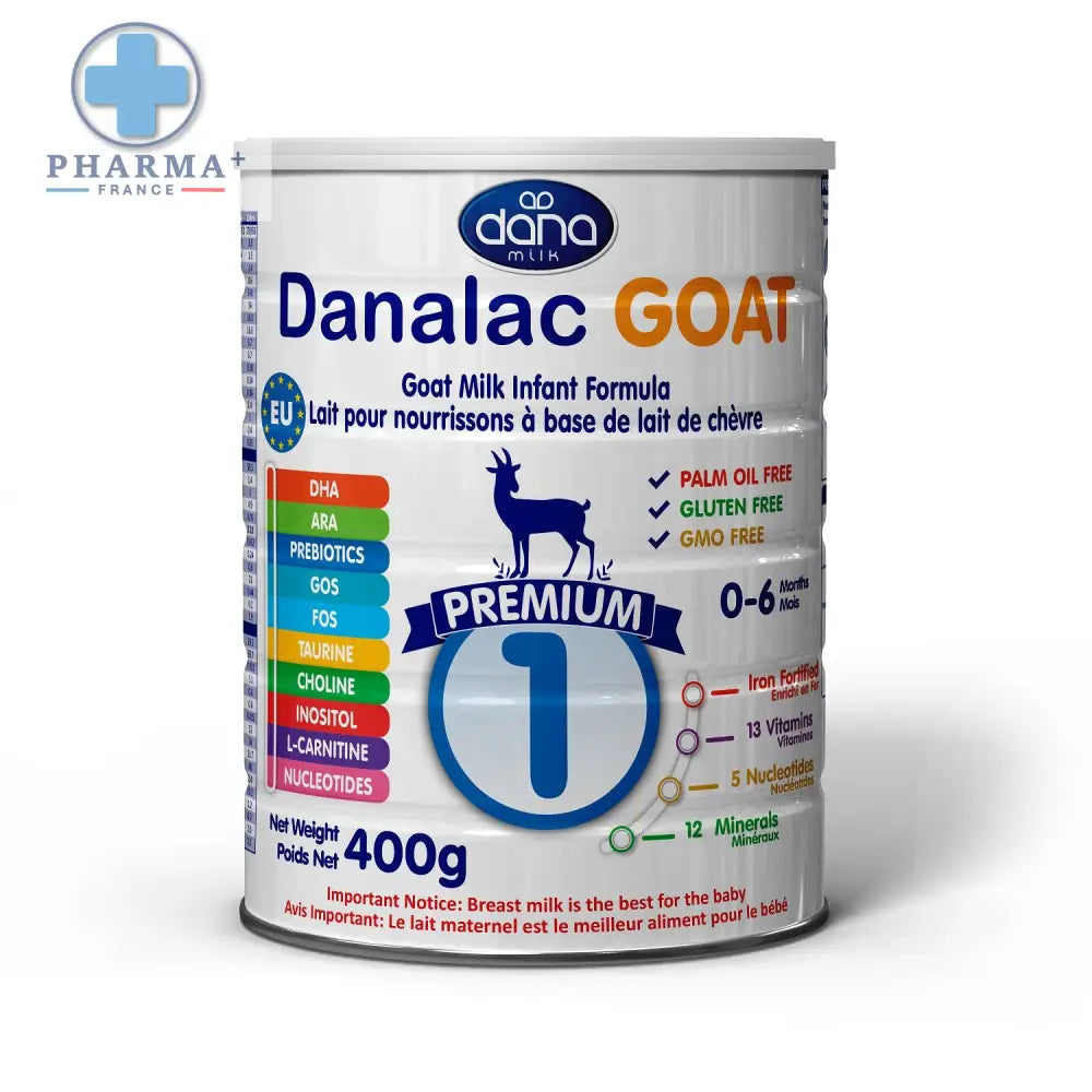 Canette blanche cylindrique de lait infantile danalac goat milk gos fos avec silhouette bleue de chèvre et étiquettes colorées