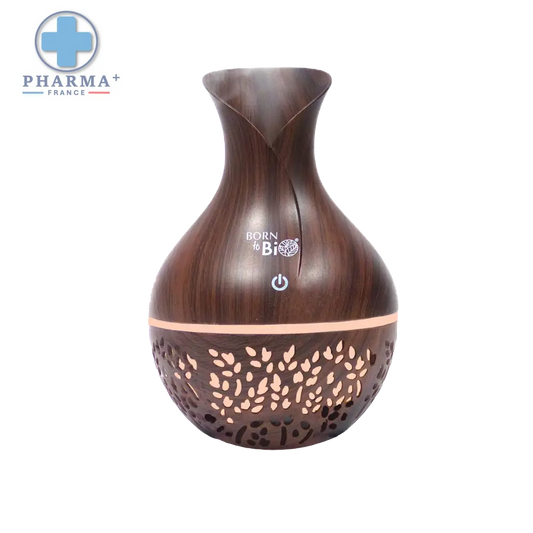 Diffuseur humidificateur bois foncé motifs feuilles 130 ml avec texture en bois brun foncé et découpes feuilles élégantes