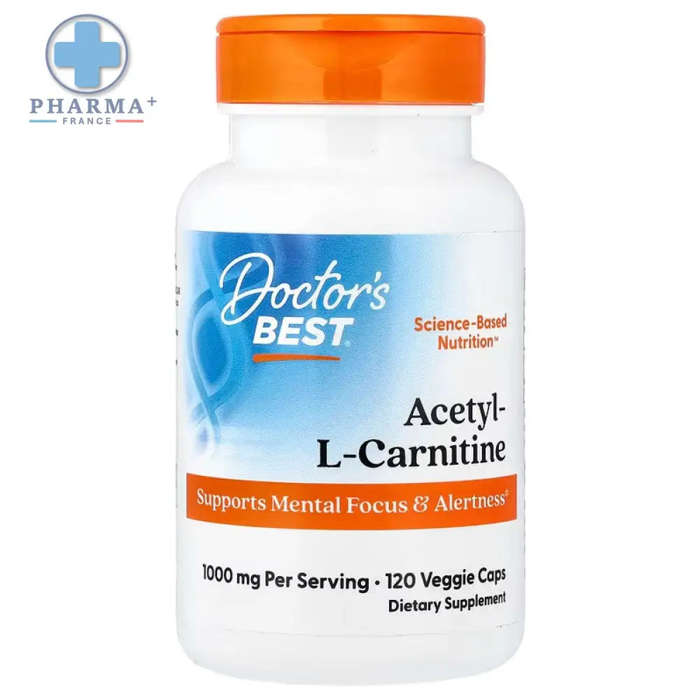 Bouteille blanche avec bouchon orange contenant doctor’s best acetyl l-carnitine complément alimentaire 60 gélules